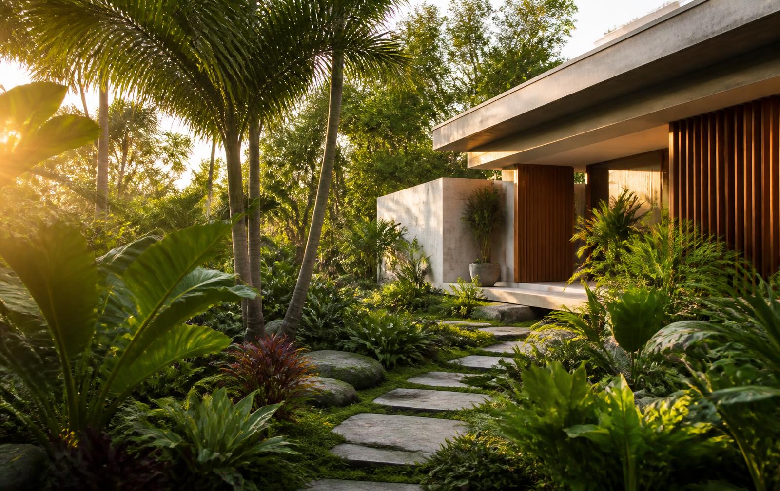 Jardim tropical iluminado na entrada de uma casa contemporânea
